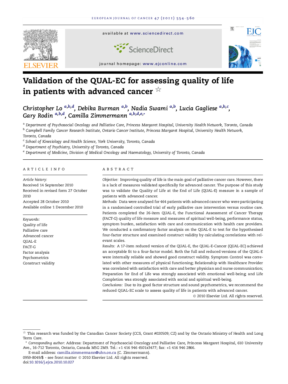 Validation of the QUAL-EC for assessing quality of life in patients with advanced cancer 