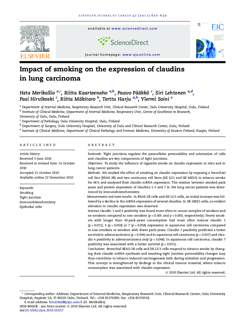 Impact of smoking on the expression of claudins in lung carcinoma