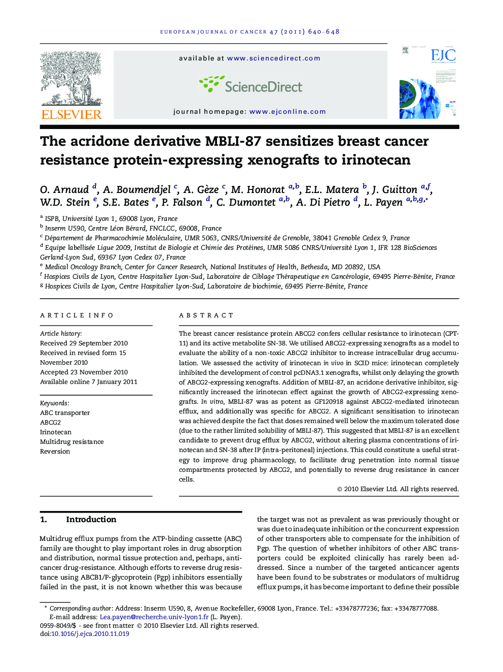 The acridone derivative MBLI-87 sensitizes breast cancer resistance protein-expressing xenografts to irinotecan