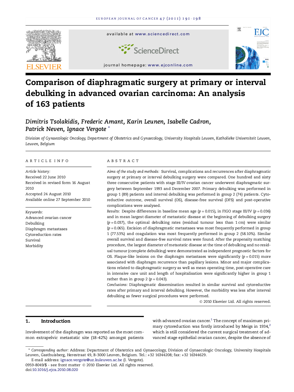 Comparison of diaphragmatic surgery at primary or interval debulking in advanced ovarian carcinoma: An analysis of 163 patients