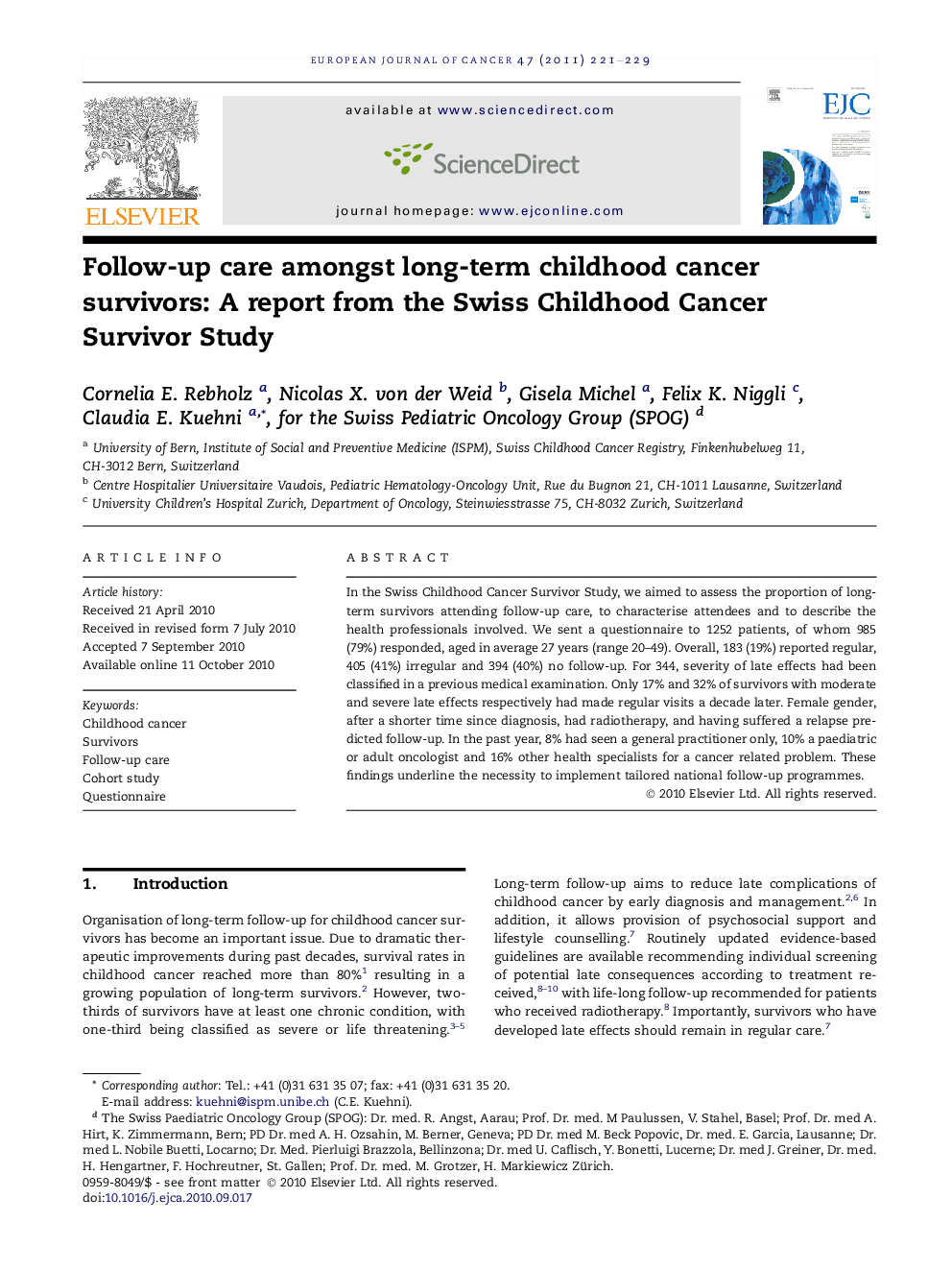 Follow-up care amongst long-term childhood cancer survivors: A report from the Swiss Childhood Cancer Survivor Study