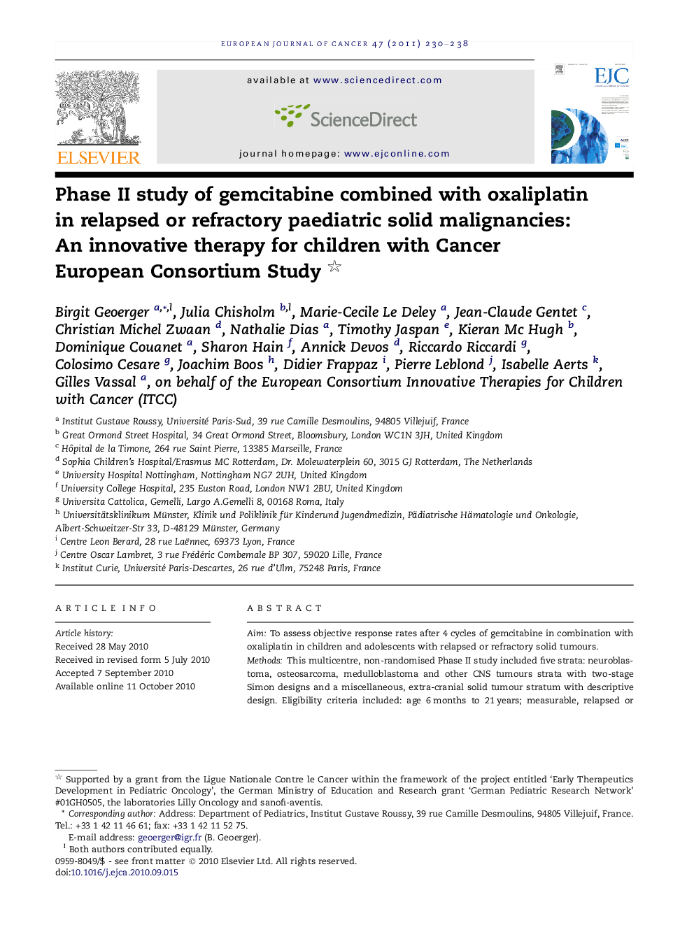 Phase II study of gemcitabine combined with oxaliplatin in relapsed or refractory paediatric solid malignancies: An innovative therapy for children with Cancer European Consortium Study 