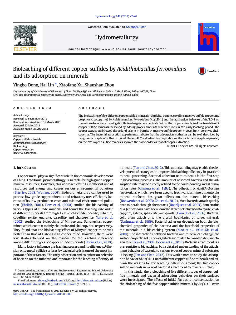 Bioleaching of different copper sulfides by Acidithiobacillus ferrooxidans and its adsorption on minerals