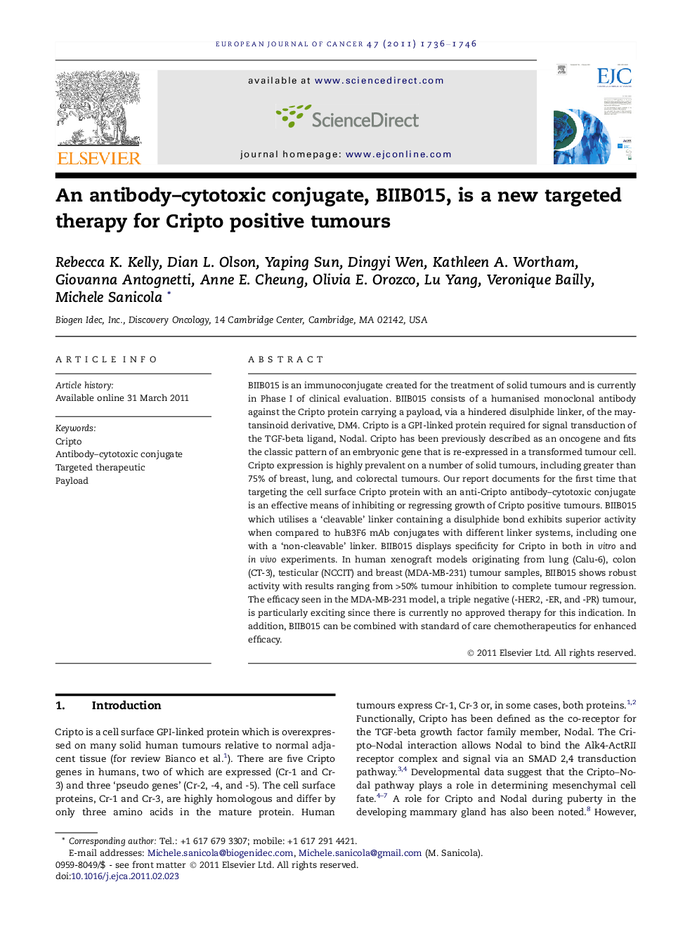 An antibody-cytotoxic conjugate, BIIB015, is a new targeted therapy for Cripto positive tumours