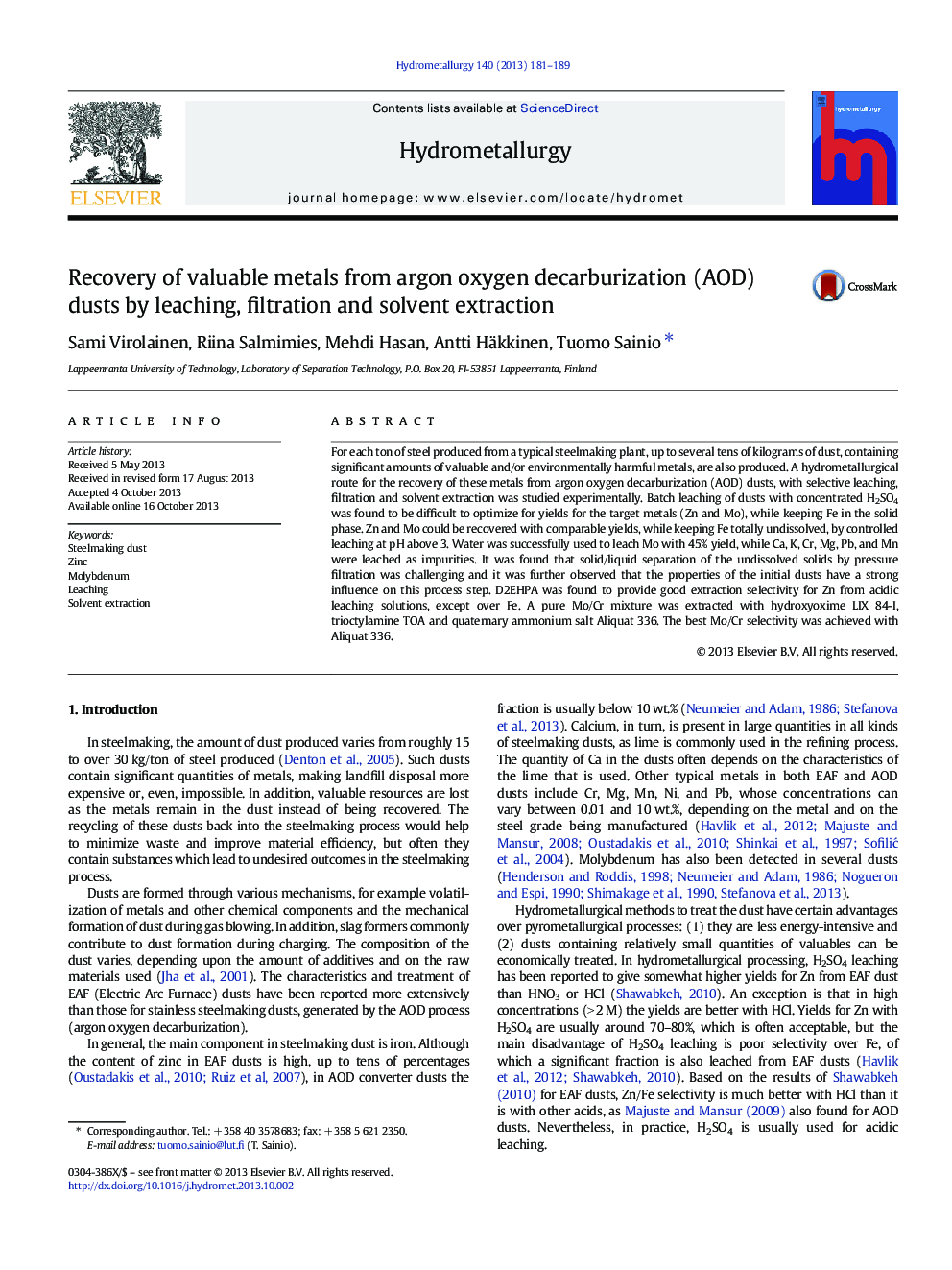 Recovery of valuable metals from argon oxygen decarburization (AOD) dusts by leaching, filtration and solvent extraction