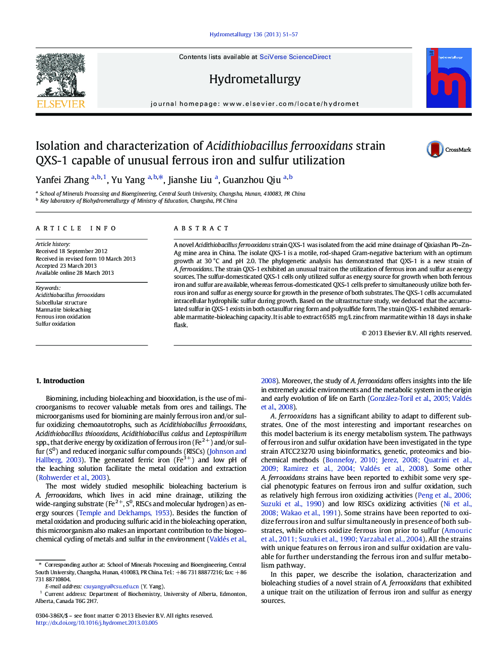 Isolation and characterization of Acidithiobacillus ferrooxidans strain QXS-1 capable of unusual ferrous iron and sulfur utilization