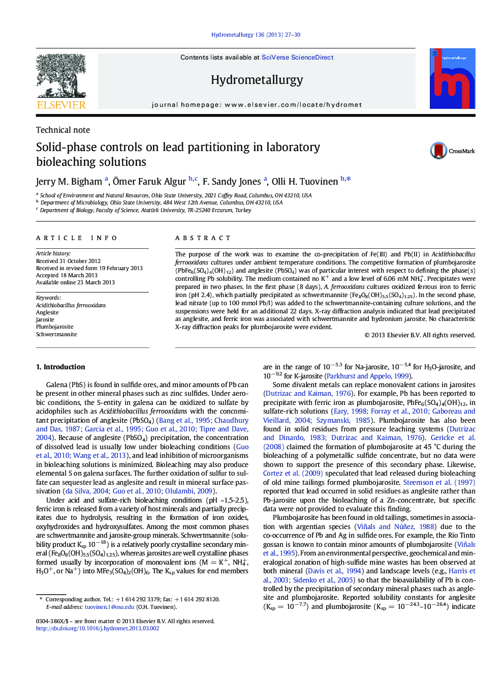 Solid-phase controls on lead partitioning in laboratory bioleaching solutions