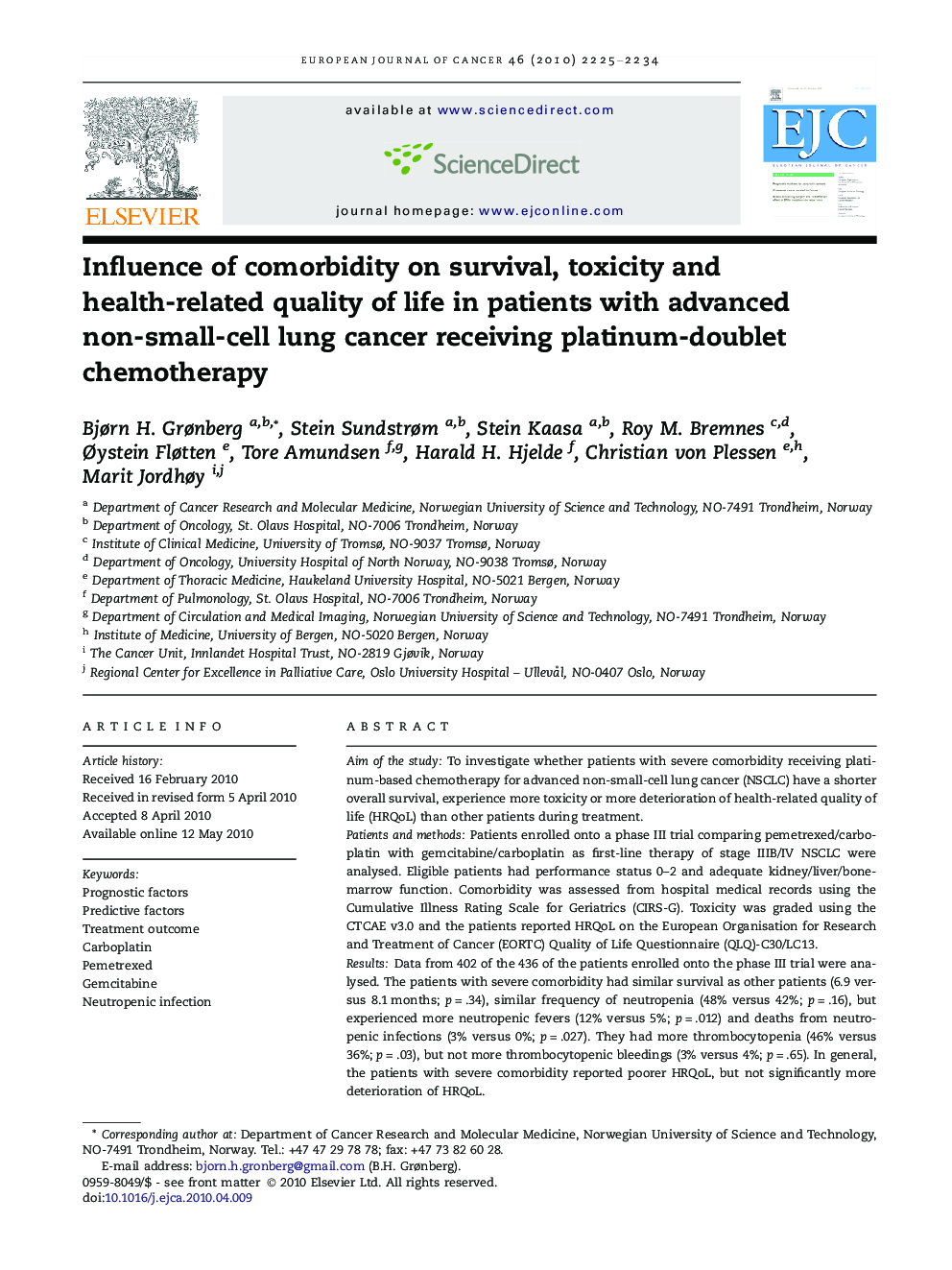 Influence of comorbidity on survival, toxicity and health-related quality of life in patients with advanced non-small-cell lung cancer receiving platinum-doublet chemotherapy