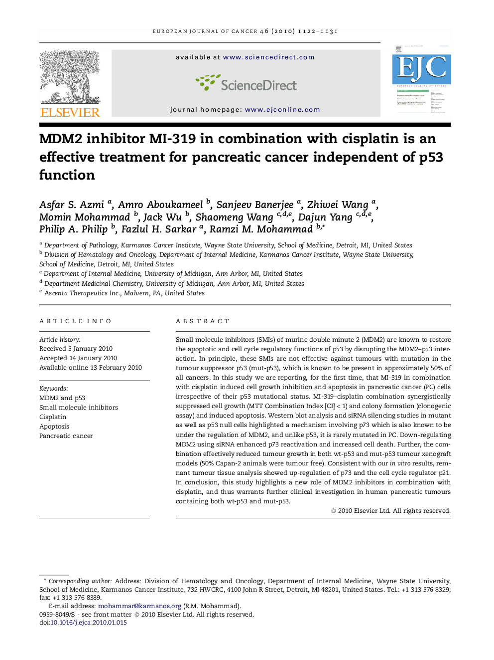 MDM2 inhibitor MI-319 in combination with cisplatin is an effective treatment for pancreatic cancer independent of p53 function