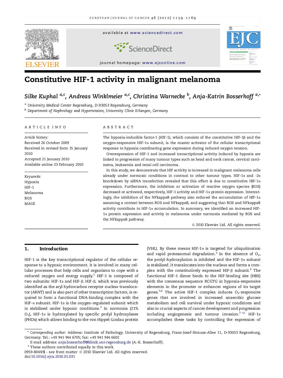 Constitutive HIF-1 activity in malignant melanoma