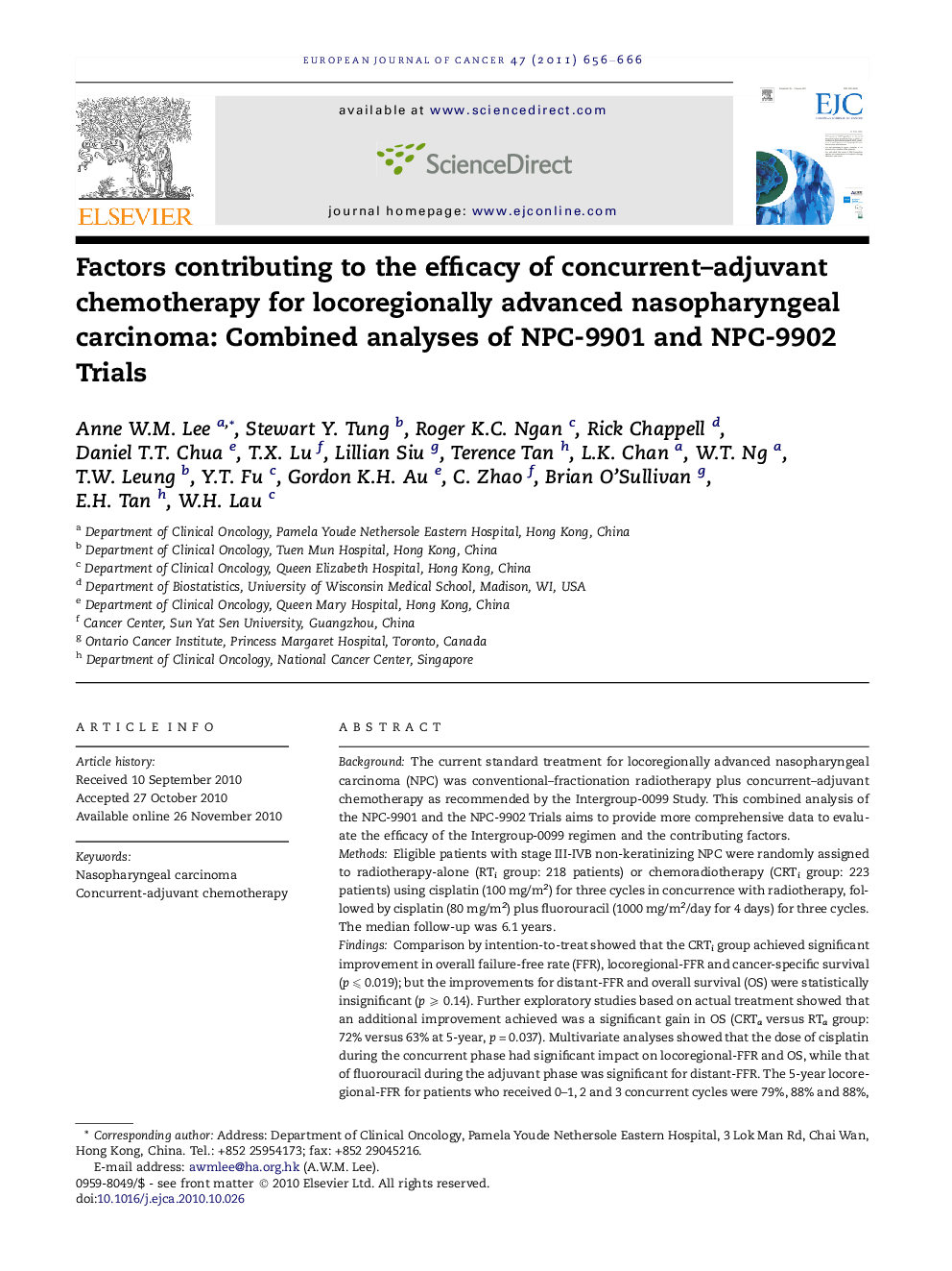 Factors contributing to the efficacy of concurrent–adjuvant chemotherapy for locoregionally advanced nasopharyngeal carcinoma: Combined analyses of NPC-9901 and NPC-9902 Trials