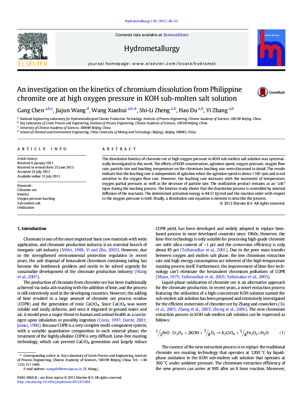 An investigation on the kinetics of chromium dissolution from Philippine chromite ore at high oxygen pressure in KOH sub-molten salt solution