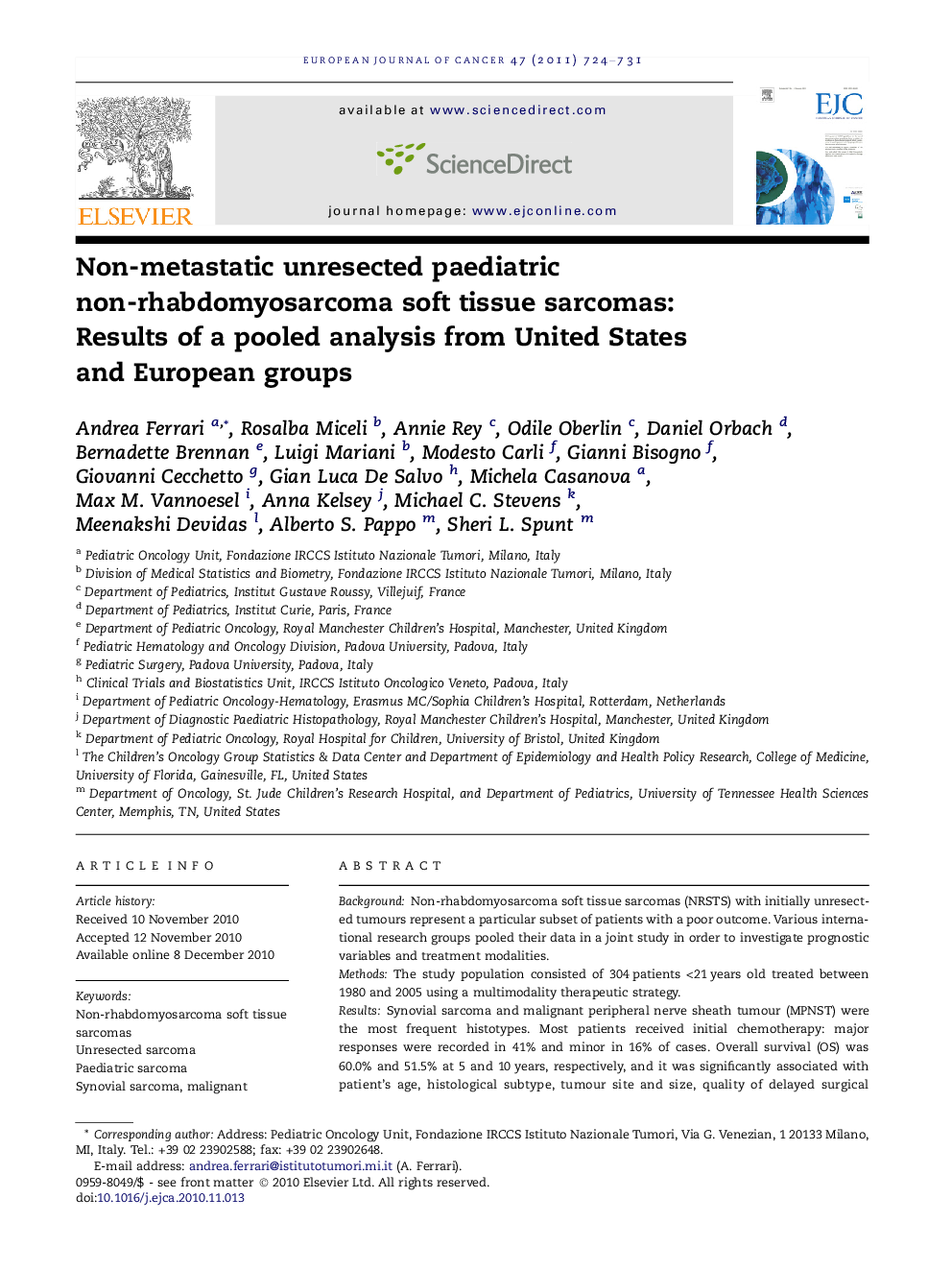 Non-metastatic unresected paediatric non-rhabdomyosarcoma soft tissue sarcomas: Results of a pooled analysis from United States and European groups