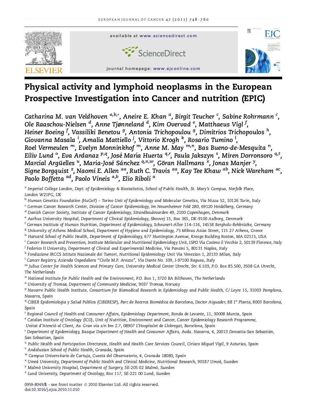 Physical activity and lymphoid neoplasms in the European Prospective Investigation into Cancer and nutrition (EPIC)