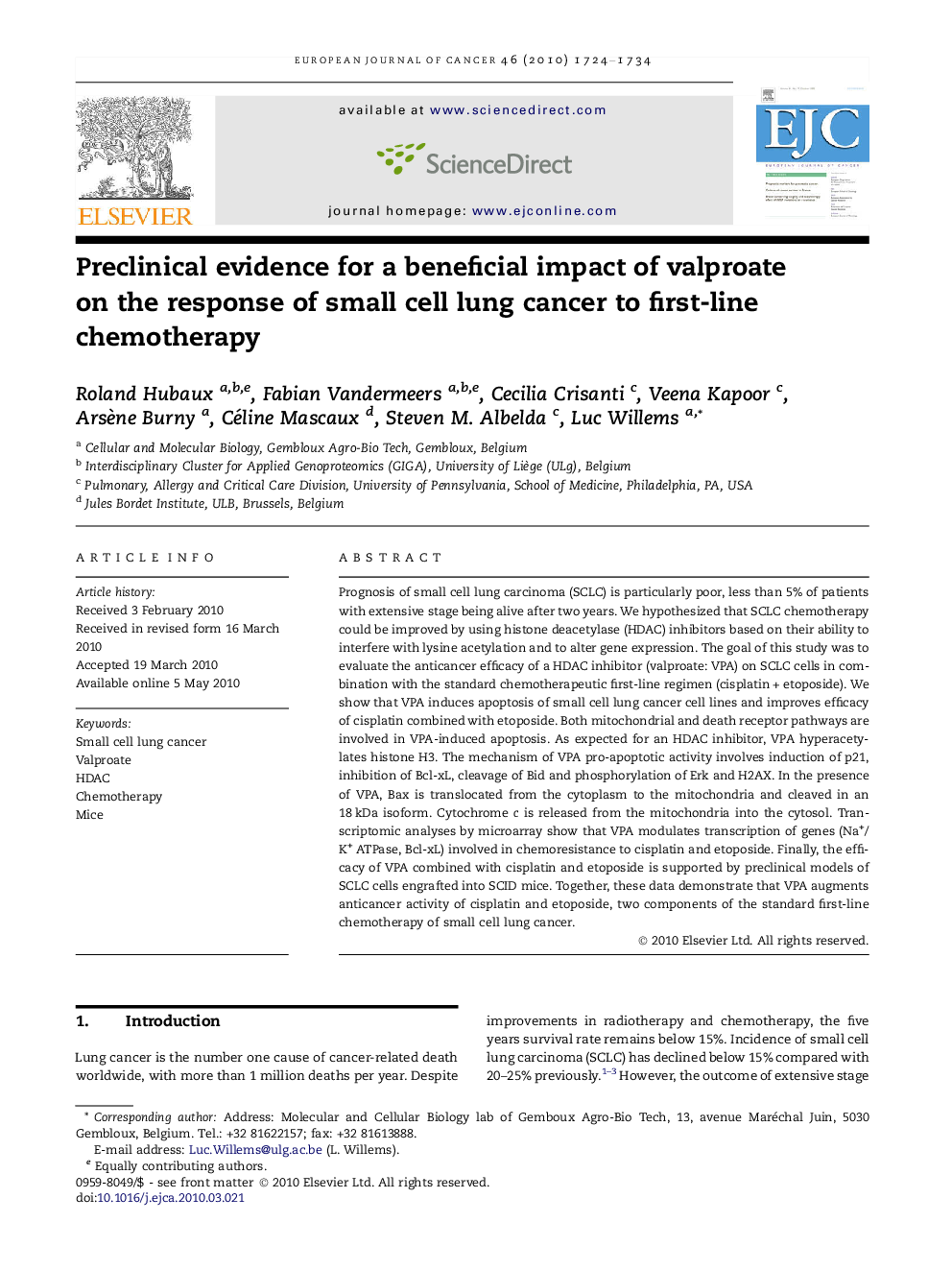 Preclinical evidence for a beneficial impact of valproate on the response of small cell lung cancer to first-line chemotherapy