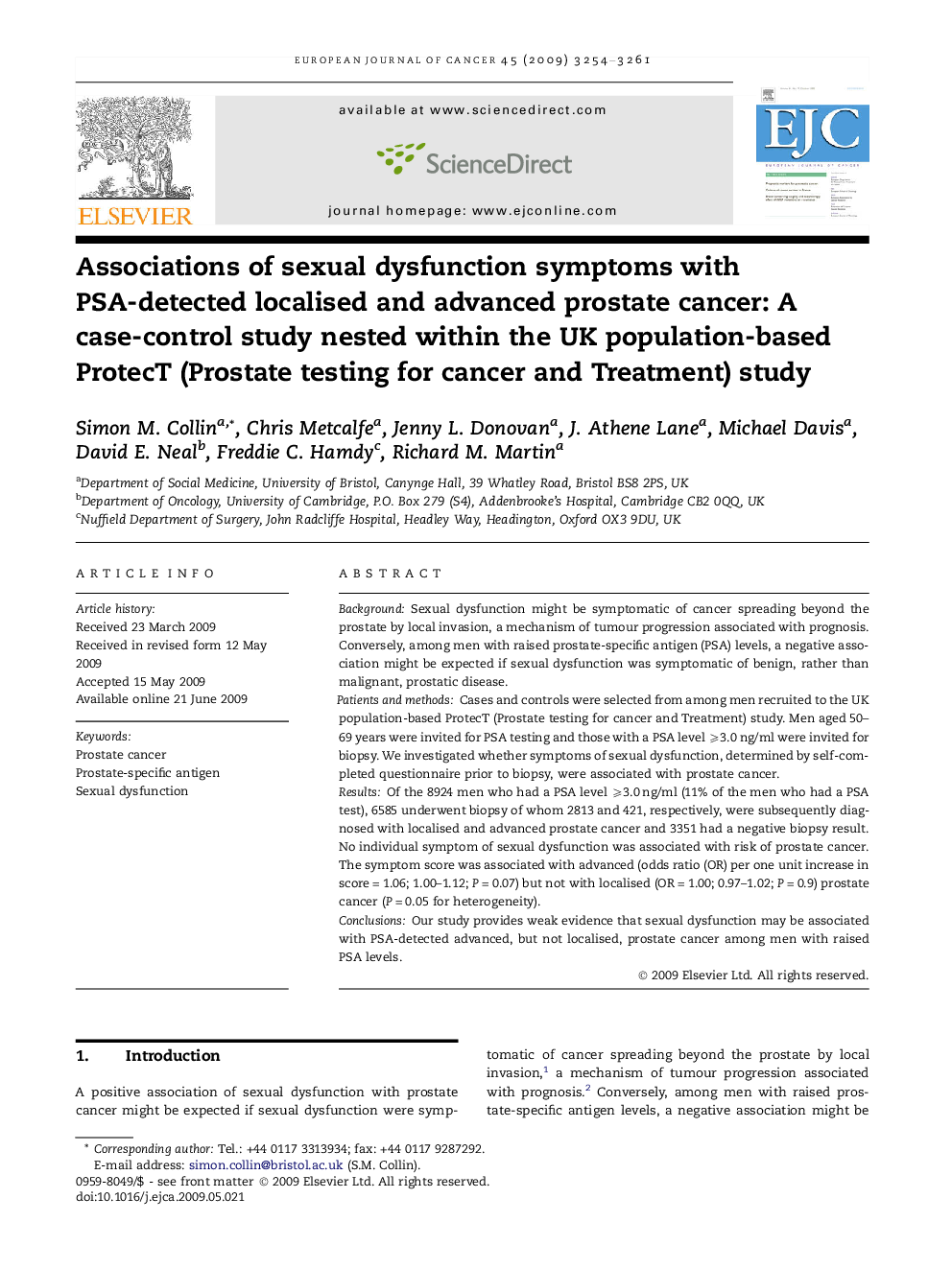 Associations of sexual dysfunction symptoms with PSA-detected localised and advanced prostate cancer: A case-control study nested within the UK population-based ProtecT (Prostate testing for cancer and Treatment) study