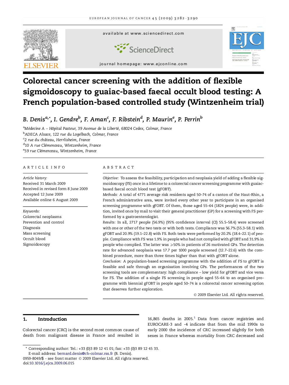 Colorectal cancer screening with the addition of flexible sigmoidoscopy to guaiac-based faecal occult blood testing: A French population-based controlled study (Wintzenheim trial)