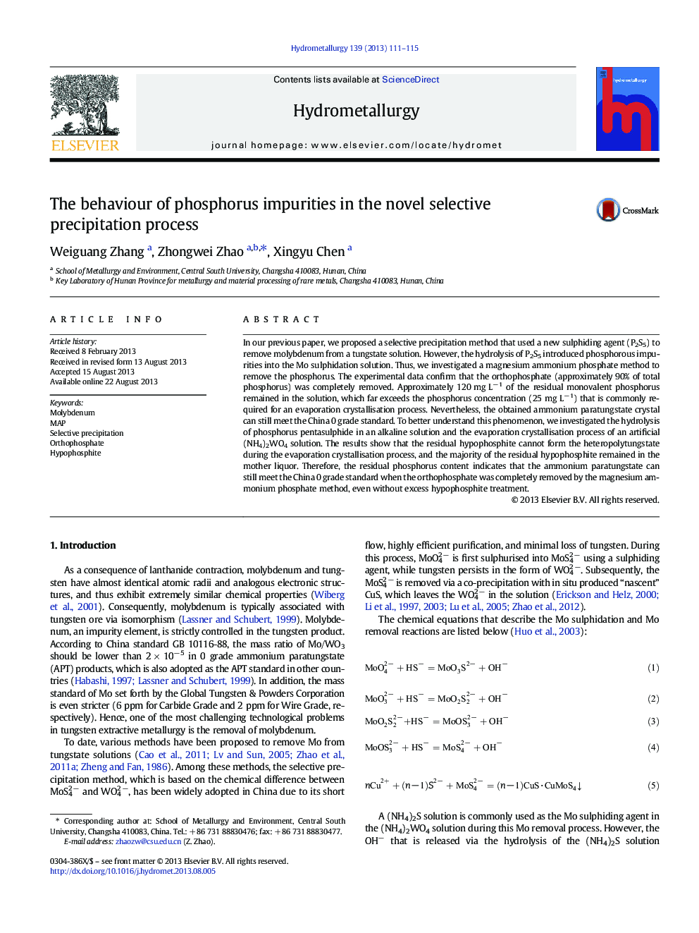 The behaviour of phosphorus impurities in the novel selective precipitation process