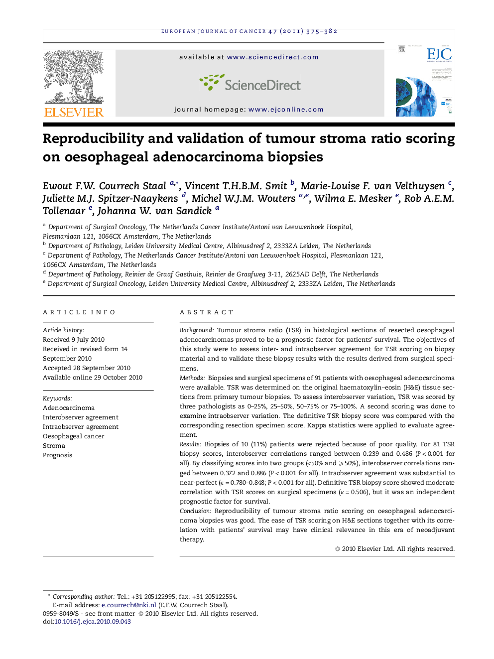 Reproducibility and validation of tumour stroma ratio scoring on oesophageal adenocarcinoma biopsies