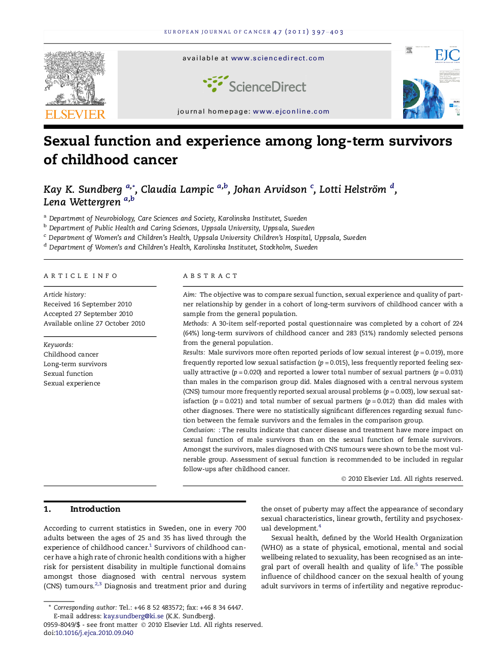 Sexual function and experience among long-term survivors of childhood cancer