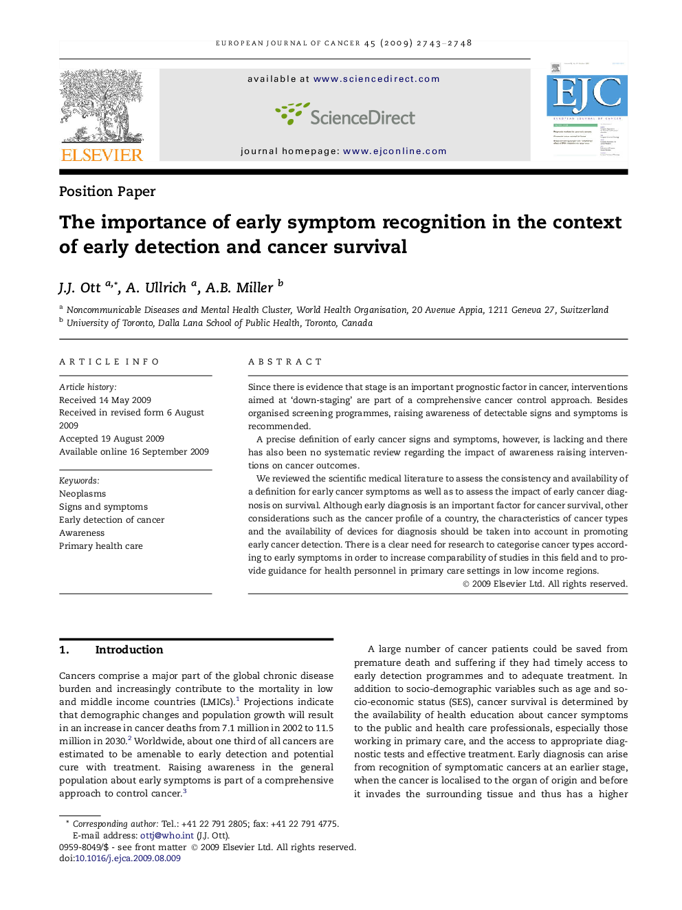 The importance of early symptom recognition in the context of early detection and cancer survival