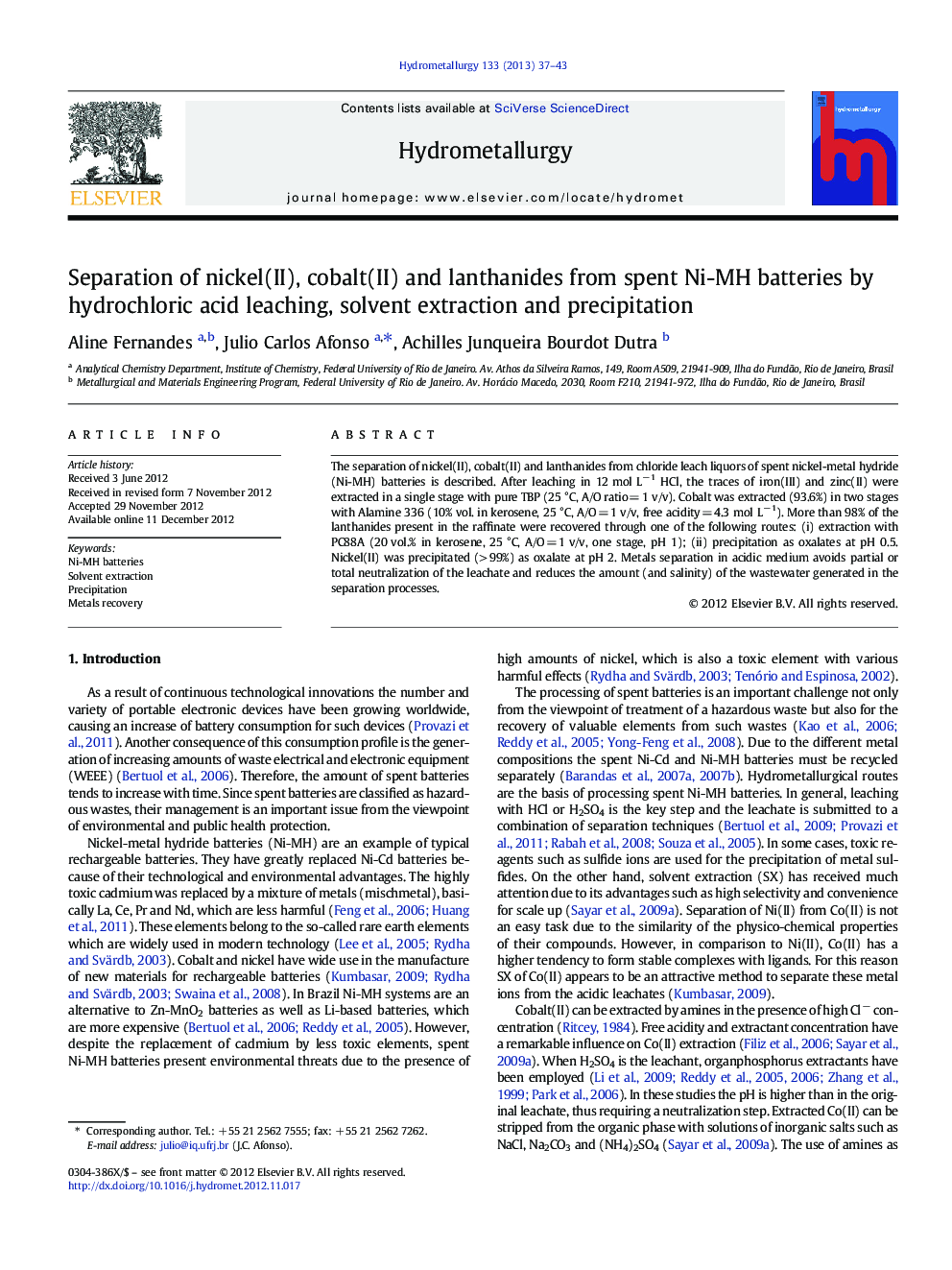 عکس صفحه اول مقاله: Separation of nickel(II), cobalt(II) and lanthanides from spent Ni-MH batteries by hydrochloric acid leaching, solvent extraction and precipitation Separation of nickel(II), cobalt(II) and lanthanides from spent Ni-MH batteries by hydrochloric acid leaching, solvent extraction and precipitation