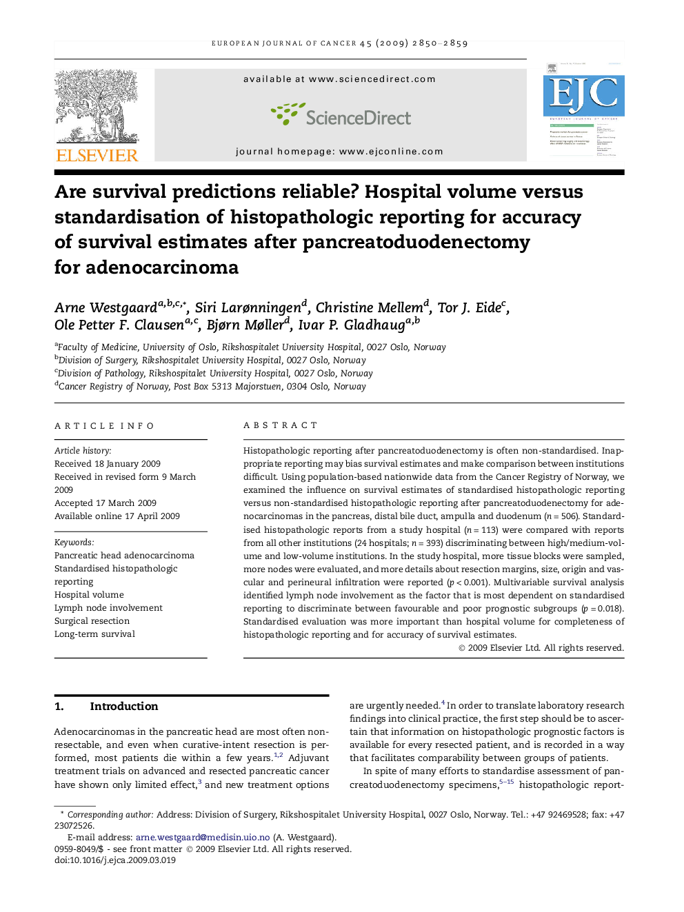 Are survival predictions reliable? Hospital volume versus standardisation of histopathologic reporting for accuracy of survival estimates after pancreatoduodenectomy for adenocarcinoma