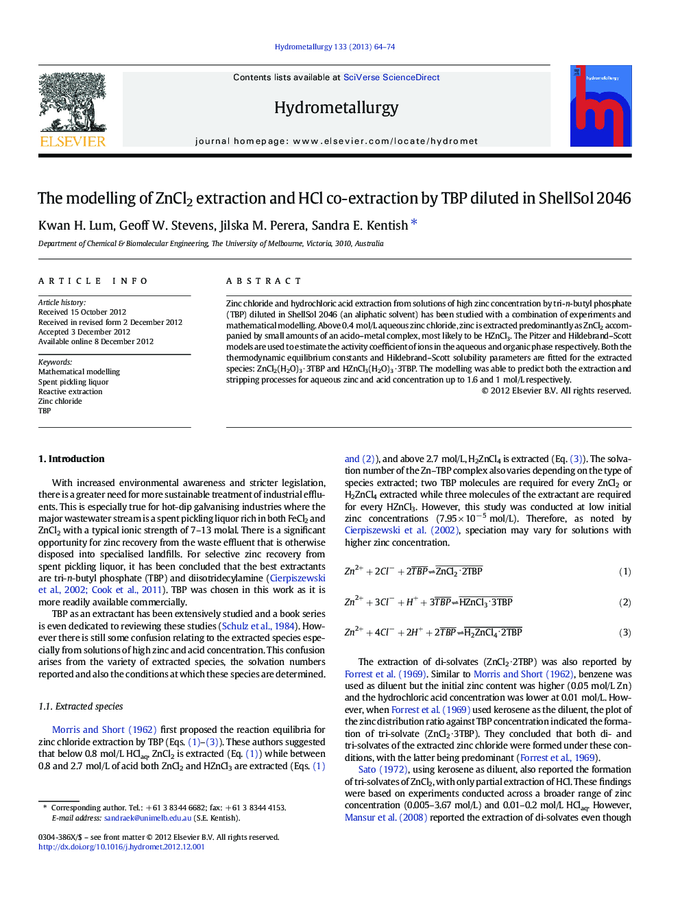 The modelling of ZnCl2 extraction and HCl co-extraction by TBP diluted in ShellSol 2046