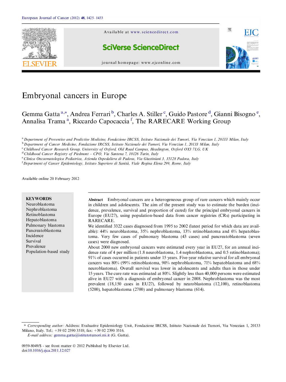 Embryonal cancers in Europe