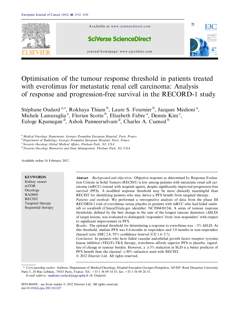 Optimisation of the tumour response threshold in patients treated with everolimus for metastatic renal cell carcinoma: Analysis of response and progression-free survival in the RECORD-1 study