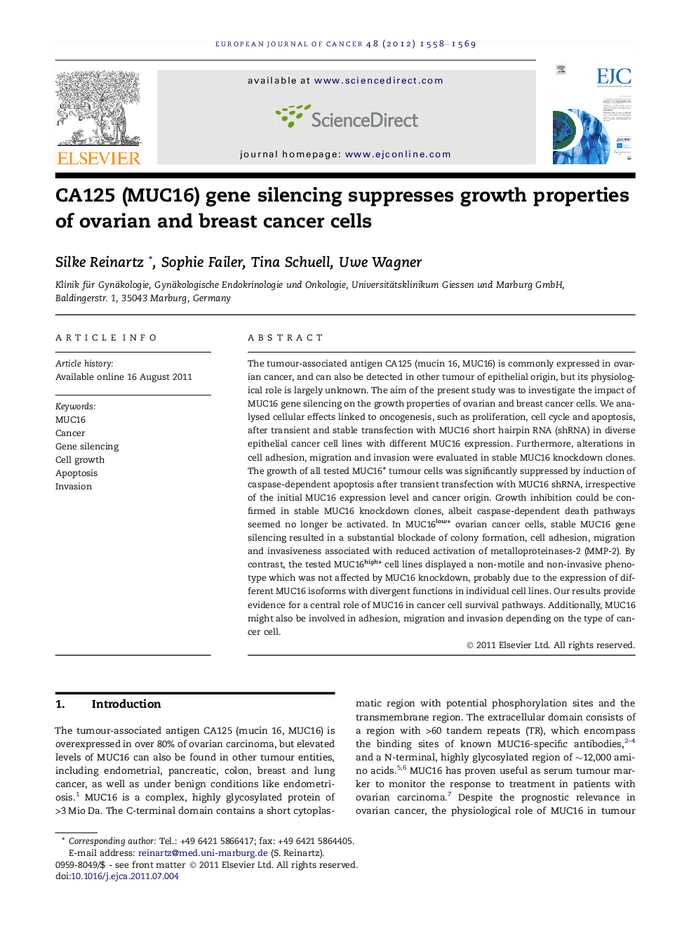 CA125 (MUC16) gene silencing suppresses growth properties of ovarian and breast cancer cells