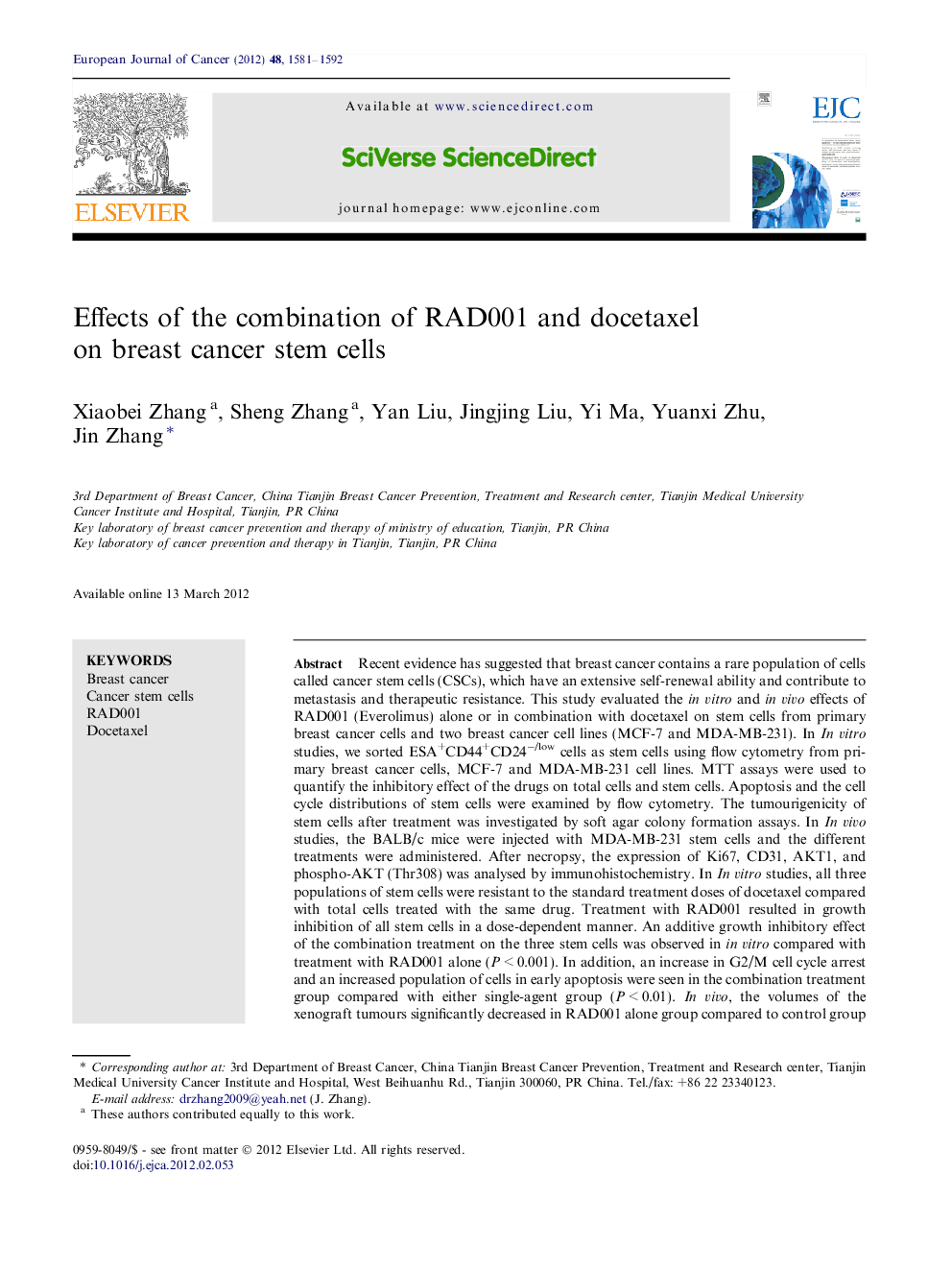 Effects of the combination of RAD001 and docetaxel on breast cancer stem cells