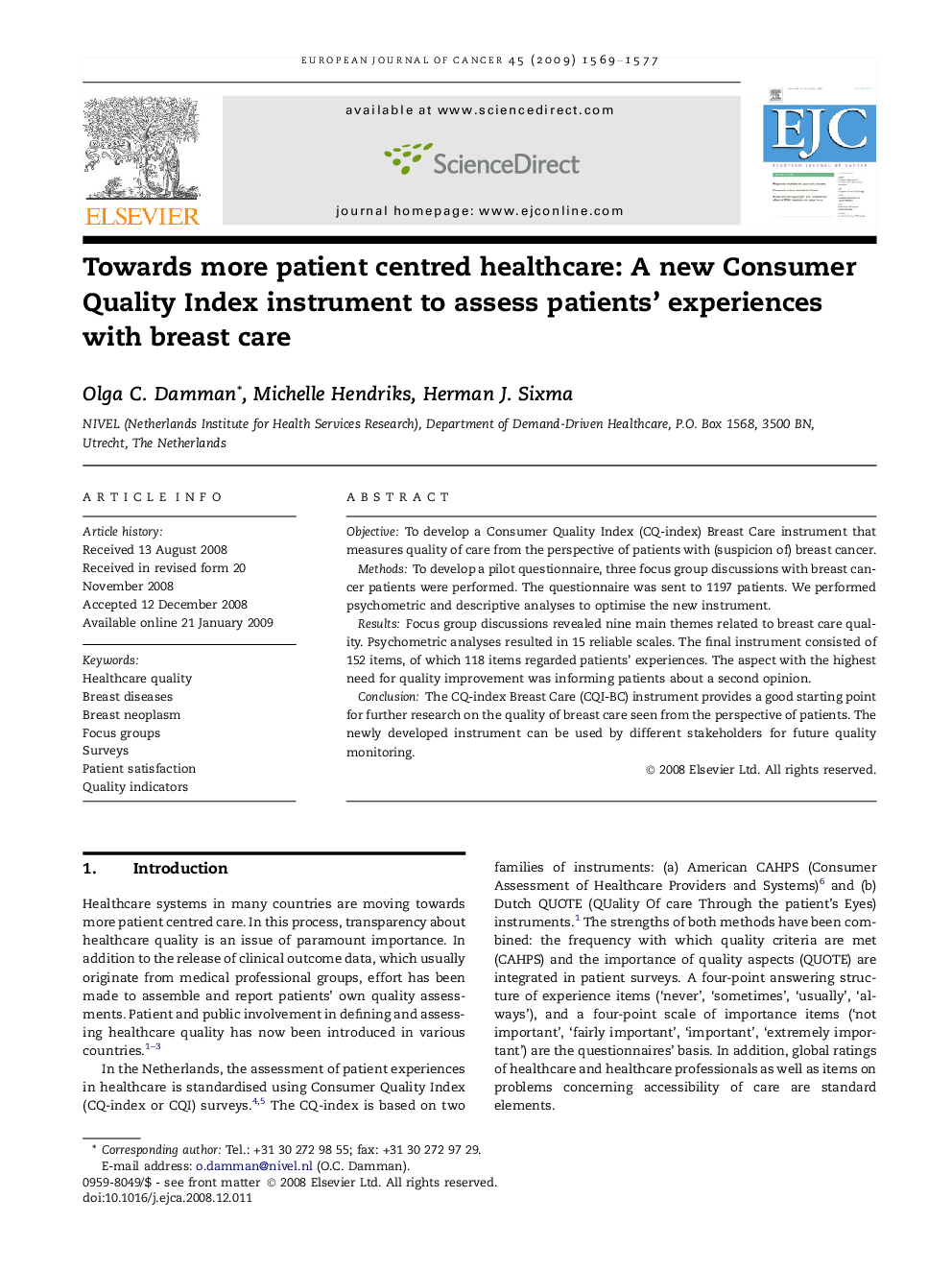 Towards more patient centred healthcare: A new Consumer Quality Index instrument to assess patients’ experiences with breast care