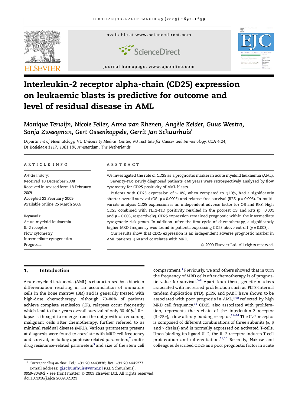 Interleukin-2 receptor alpha-chain (CD25) expression on leukaemic blasts is predictive for outcome and level of residual disease in AML