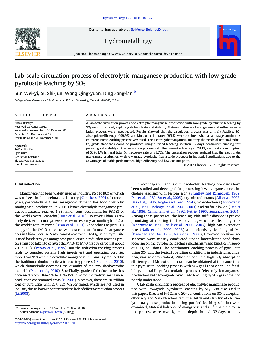 Lab-scale circulation process of electrolytic manganese production with low-grade pyrolusite leaching by SO2