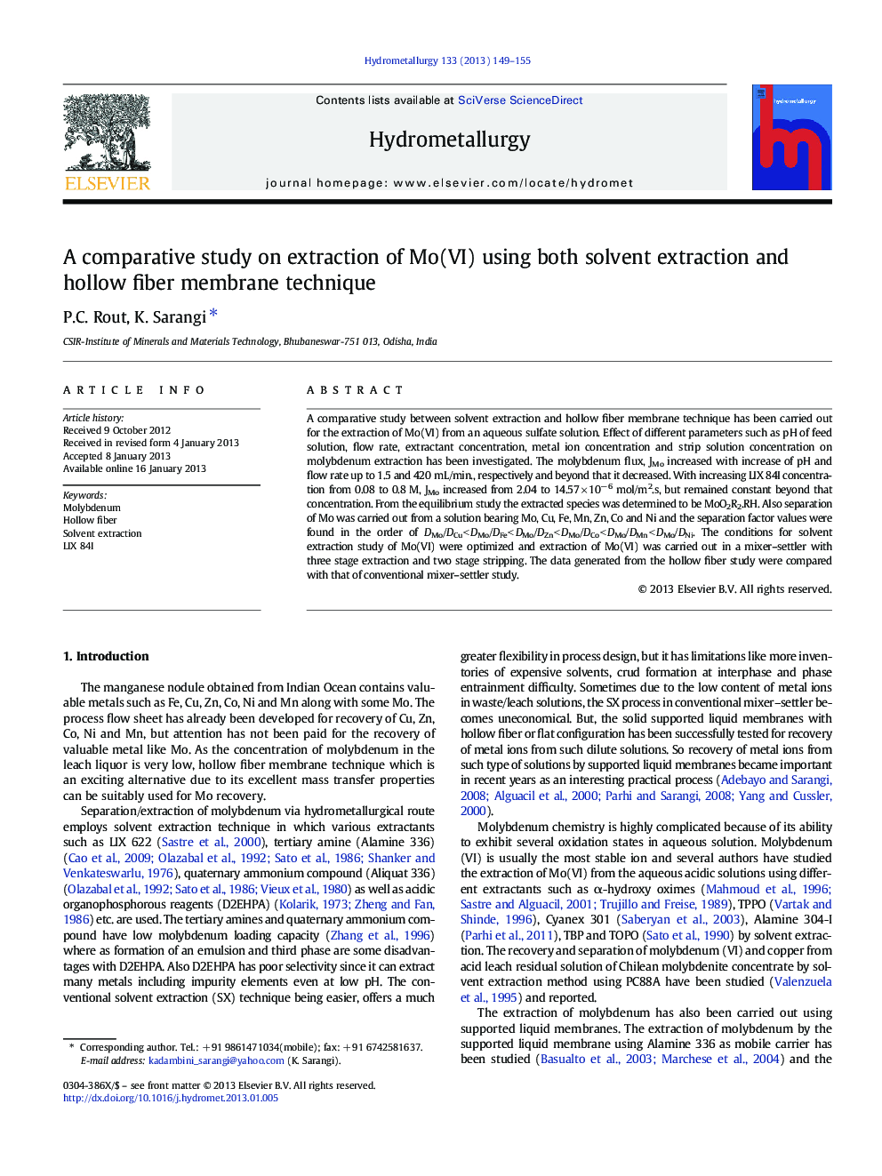 عکس صفحه اول مقاله: A comparative study on extraction of Mo(VI) using both solvent extraction and hollow fiber membrane technique A comparative study on extraction of Mo(VI) using both solvent extraction and hollow fiber membrane technique