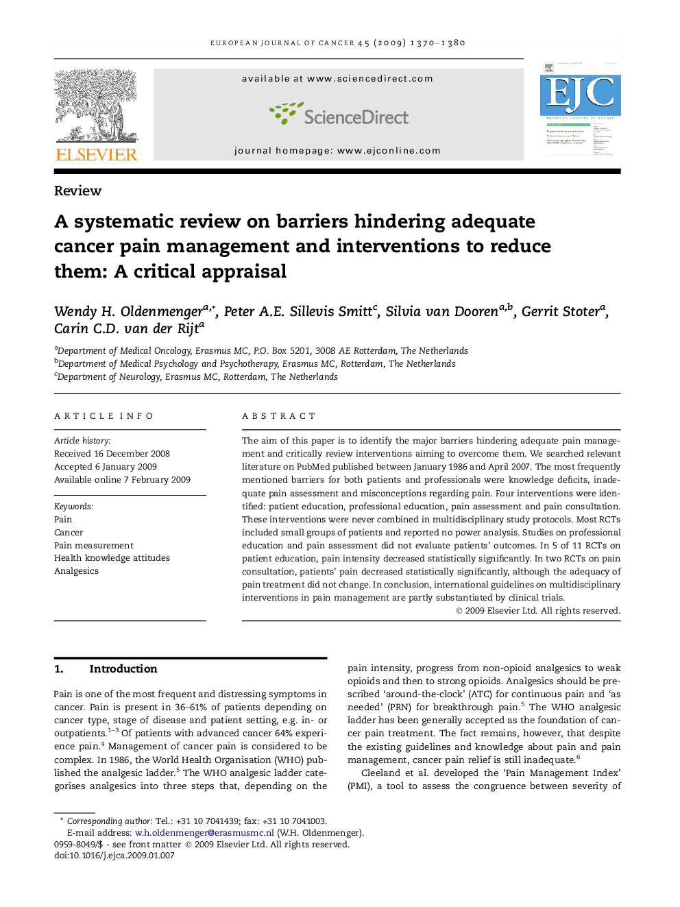 A systematic review on barriers hindering adequate cancer pain management and interventions to reduce them: A critical appraisal