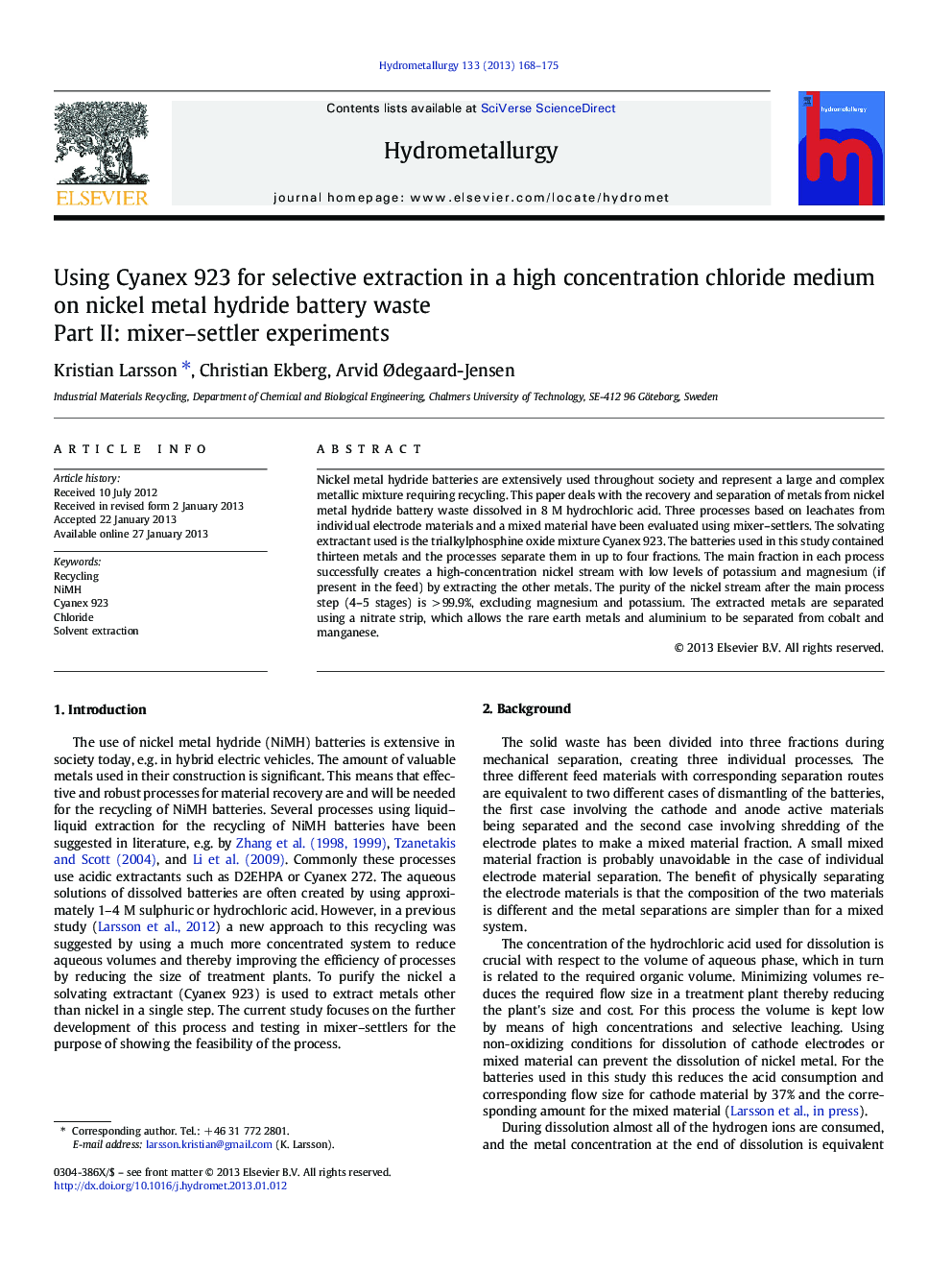 Using Cyanex 923 for selective extraction in a high concentration chloride medium on nickel metal hydride battery waste: Part II: mixer–settler experiments