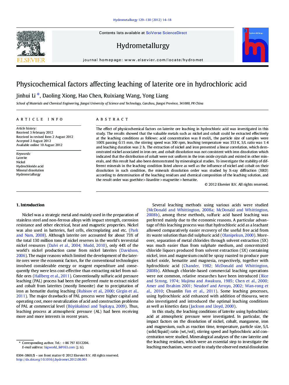 Physicochemical factors affecting leaching of laterite ore in hydrochloric acid