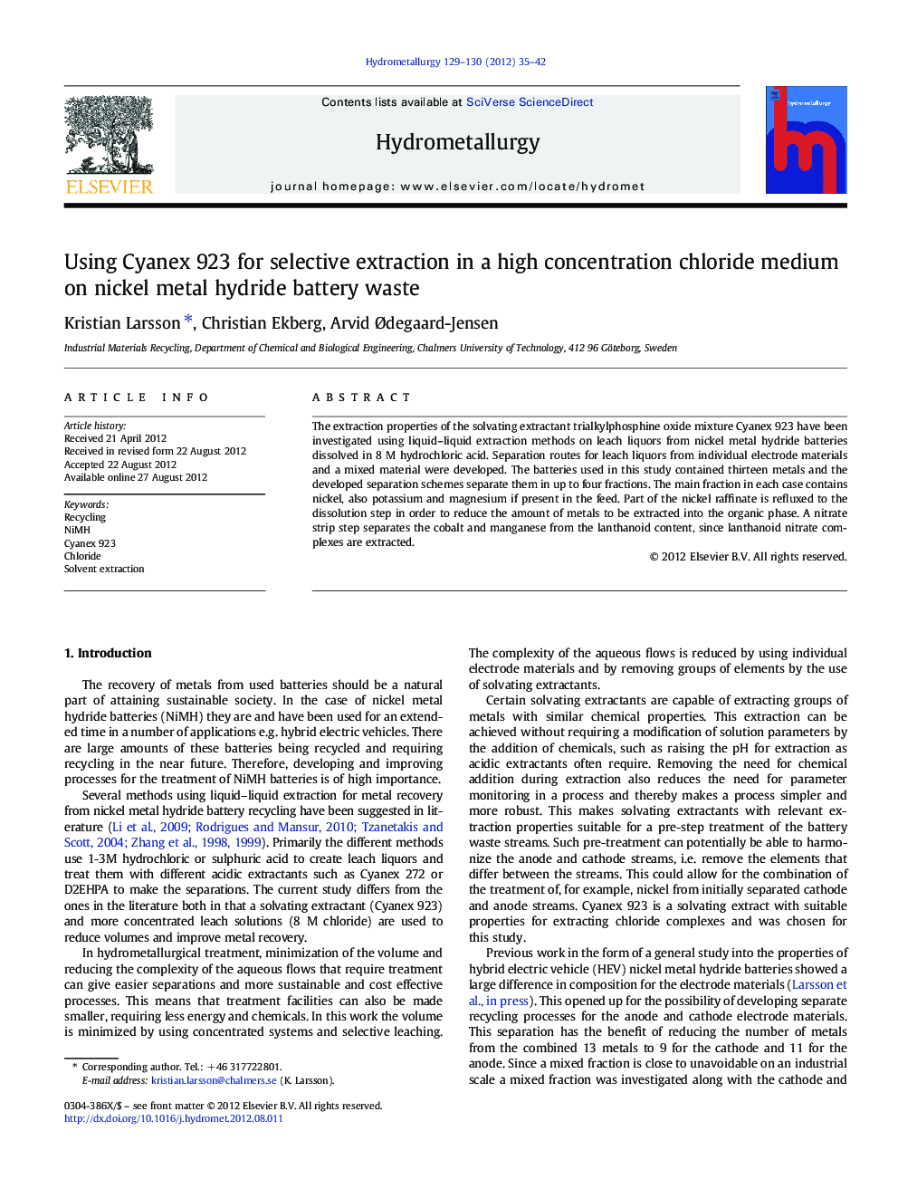 Using Cyanex 923 for selective extraction in a high concentration chloride medium on nickel metal hydride battery waste