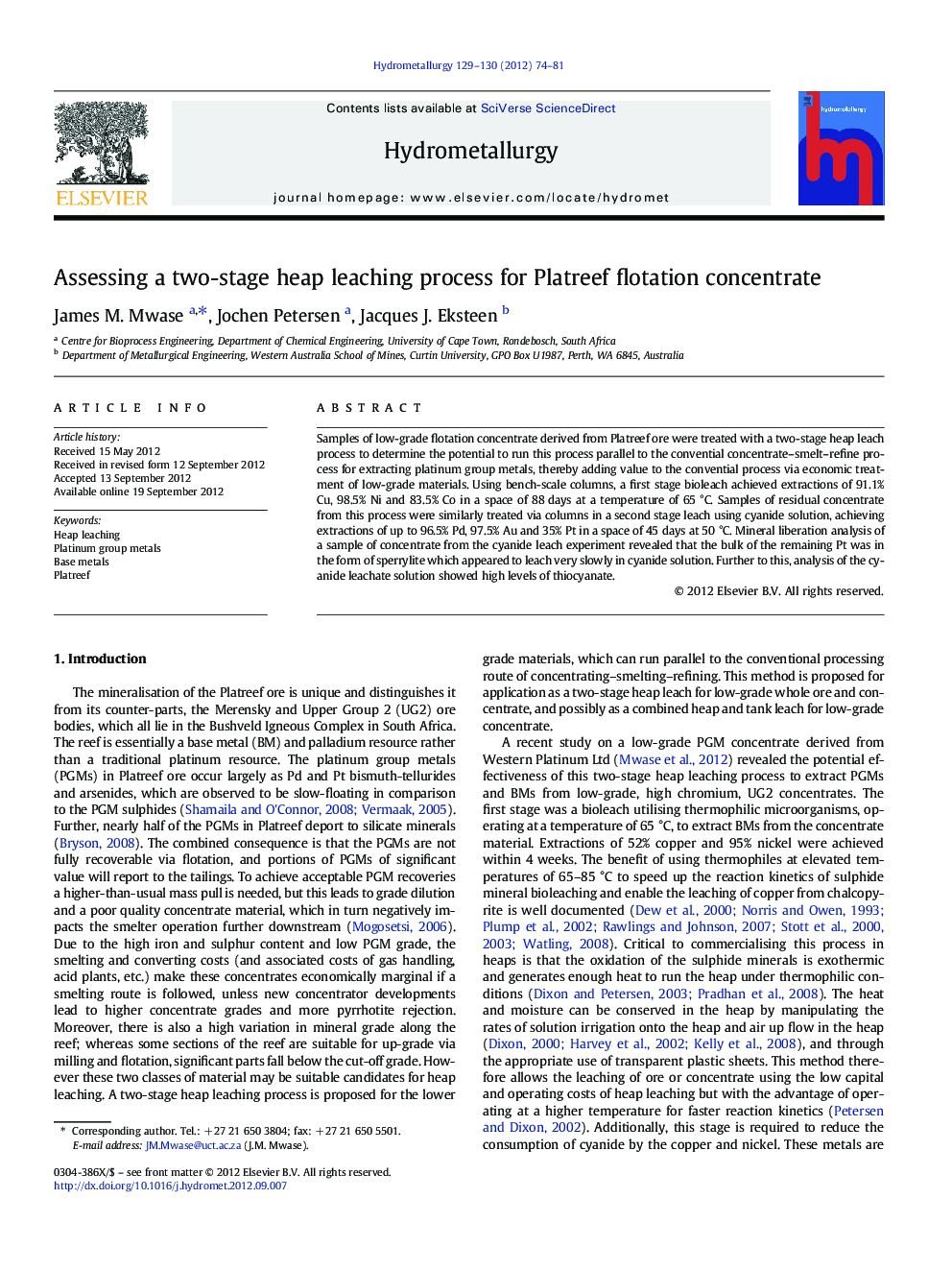 عکس صفحه اول مقاله: Assessing a two-stage heap leaching process for Platreef flotation concentrate Assessing a two-stage heap leaching process for Platreef flotation concentrate