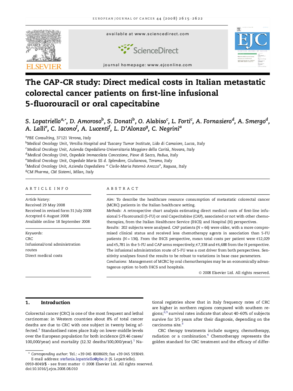 The CAP-CR study: Direct medical costs in Italian metastatic colorectal cancer patients on first-line infusional 5-fluorouracil or oral capecitabine