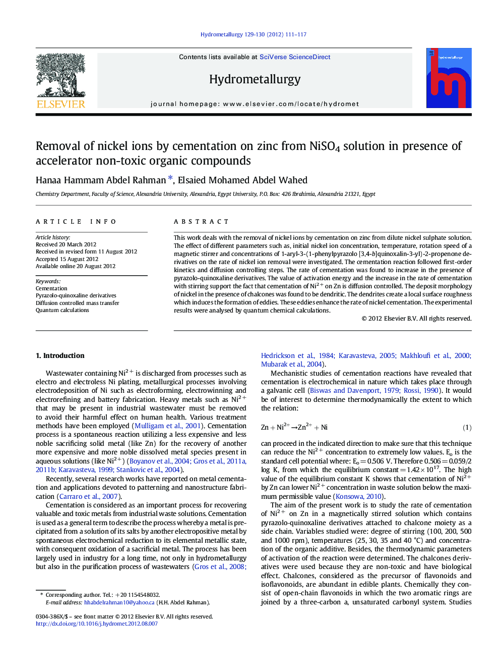 Removal of nickel ions by cementation on zinc from NiSO4 solution in presence of accelerator non-toxic organic compounds