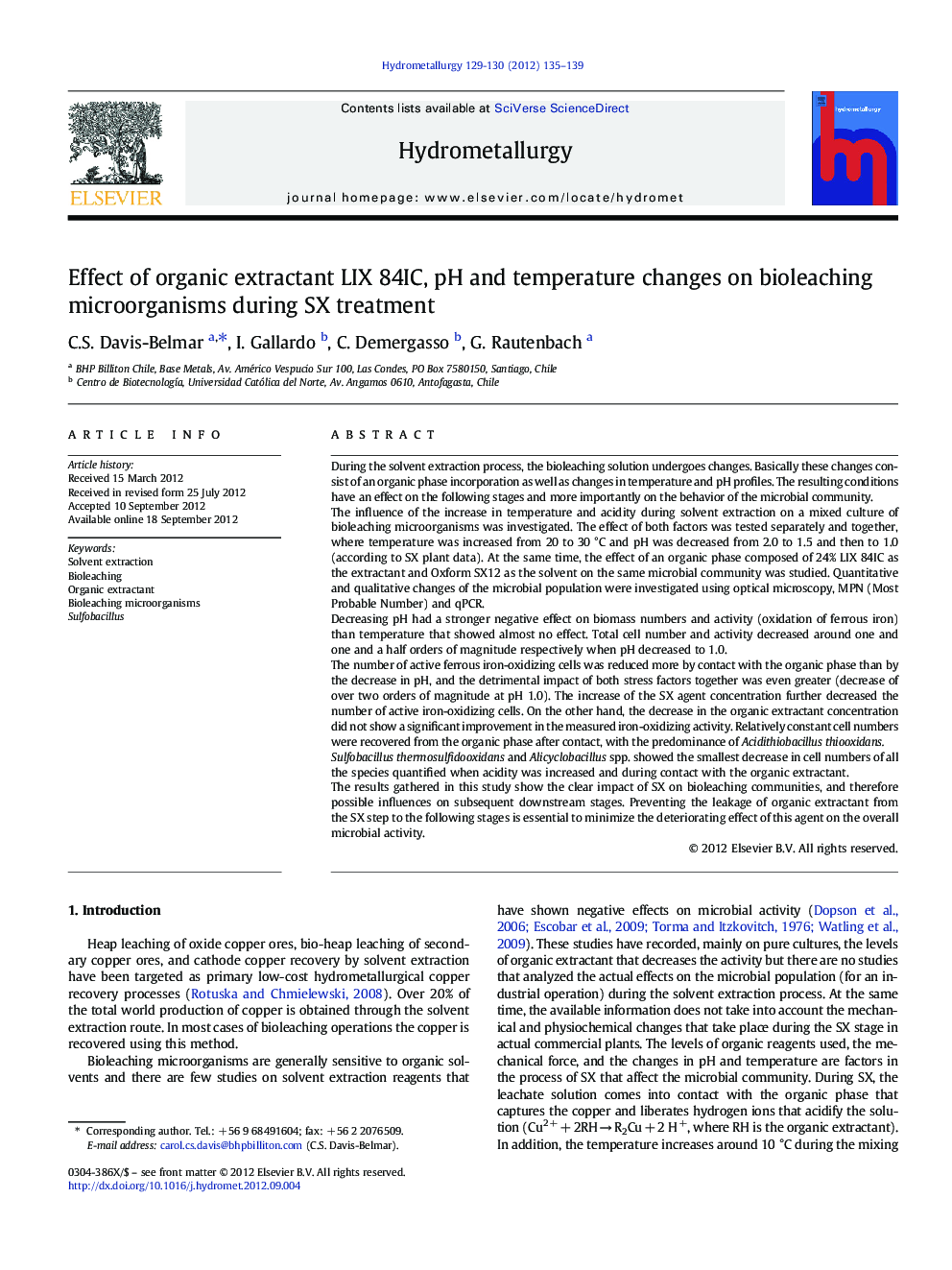عکس صفحه اول مقاله: Effect of organic extractant LIX 84IC, pH and temperature changes on bioleaching microorganisms during SX treatment Effect of organic extractant LIX 84IC, pH and temperature changes on bioleaching microorganisms during SX treatment