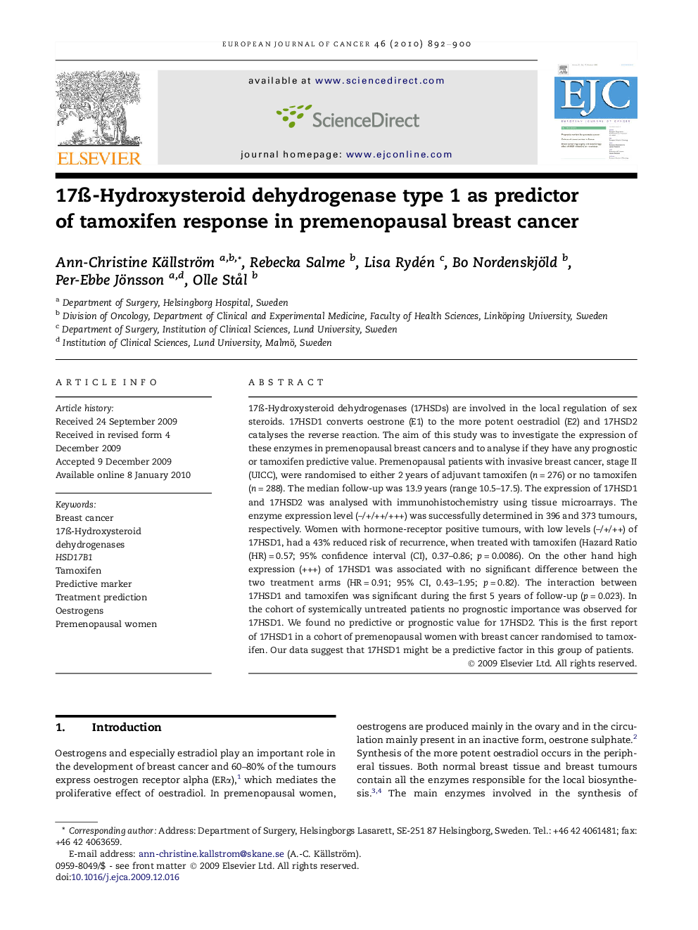 17ß-Hydroxysteroid dehydrogenase type 1 as predictor of tamoxifen response in premenopausal breast cancer