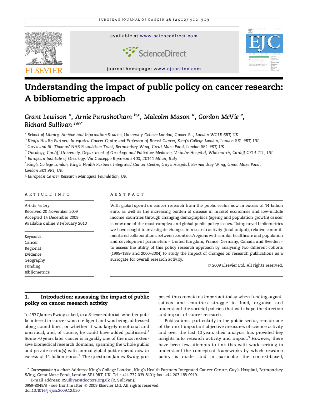 Understanding the impact of public policy on cancer research: A bibliometric approach