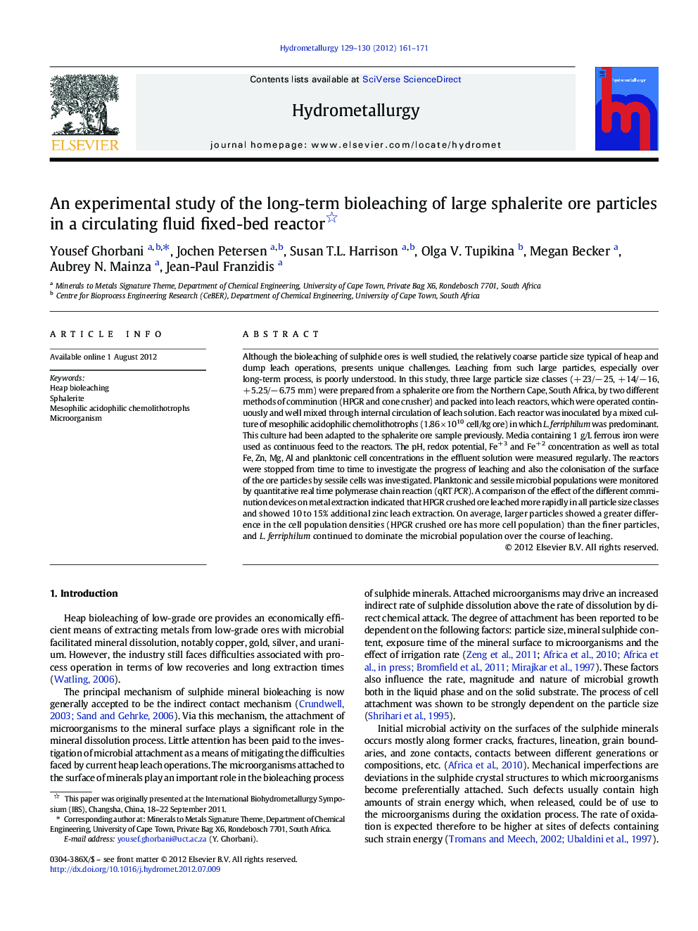 An experimental study of the long-term bioleaching of large sphalerite ore particles in a circulating fluid fixed-bed reactor 