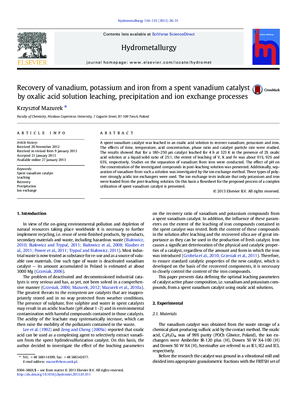 Recovery of vanadium, potassium and iron from a spent vanadium catalyst by oxalic acid solution leaching, precipitation and ion exchange processes