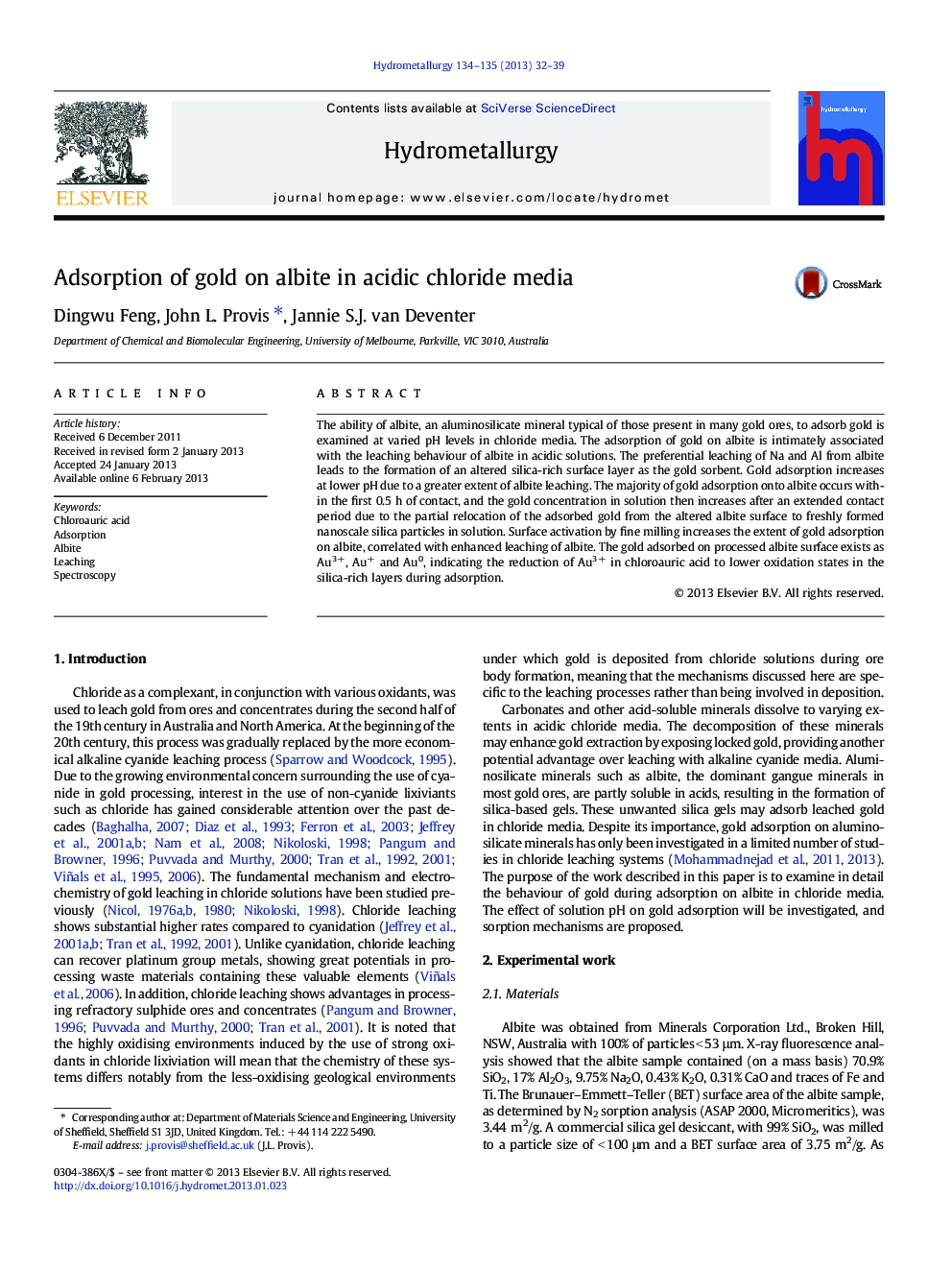 Adsorption of gold on albite in acidic chloride media