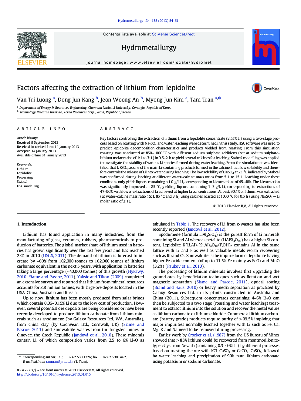 Factors affecting the extraction of lithium from lepidolite